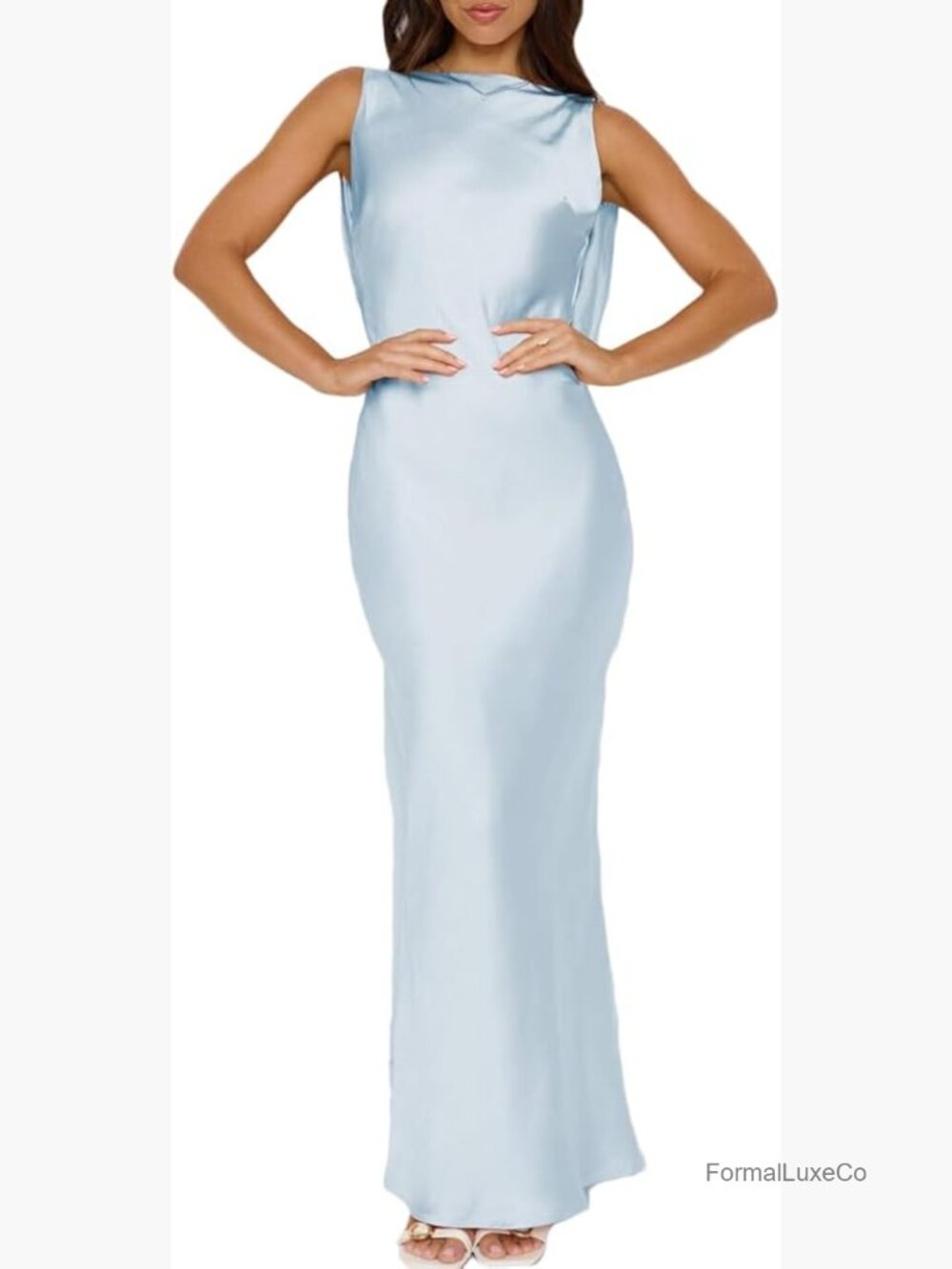 Satin Boat Neck Backless Maxi Dress Wedding Guest Formal